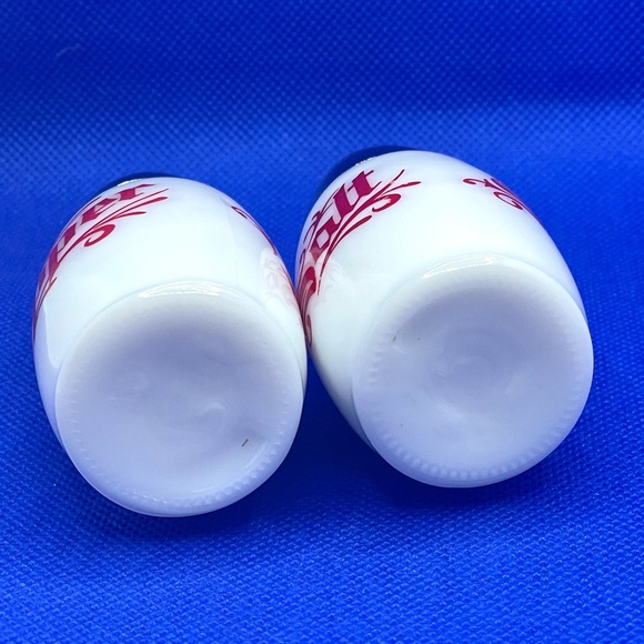 Vintage White Milk Glass Salt and Pepper Shaker. Silver Tops W/ Red Writing - Picture 3 of 4